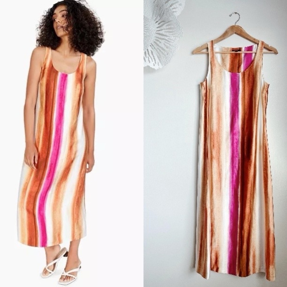 Alfani Rainbow Color Block Striped Silky Satin Soft Midi Maxi Dress Fuchsia Lux